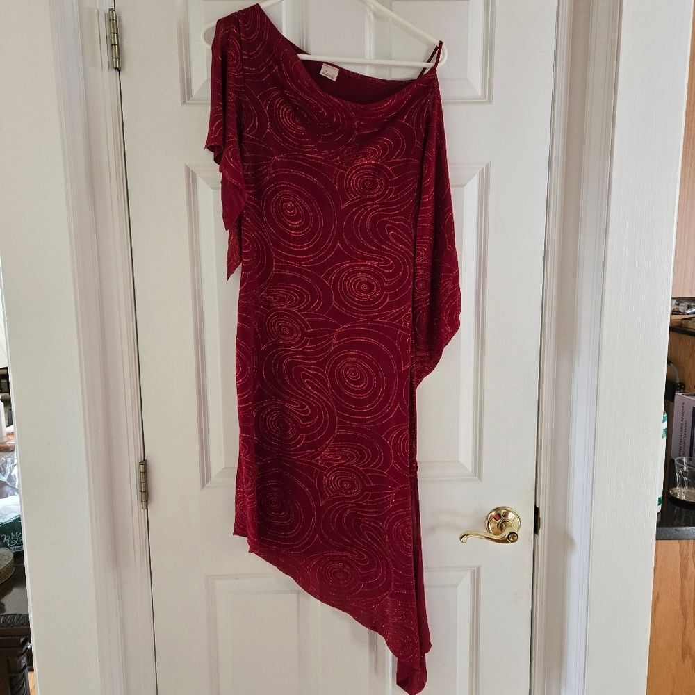 Vintage Y2K Midi Dress XS Asymmetrical Red Sparkly Swirl Print Sexy Early 2000’s